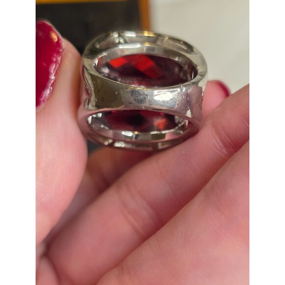 Cocktail Ring Red Multifaceted Glass & Rhinestones Rhodium Plated Size 6 - Picture 5 of 10